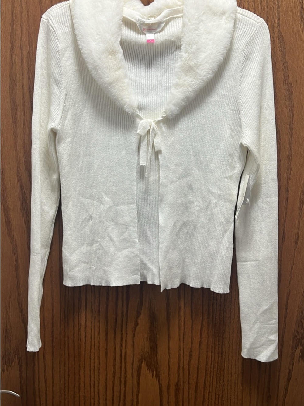No Boundaries White Knit Cardigan with Faux-Fur Shawl Collar